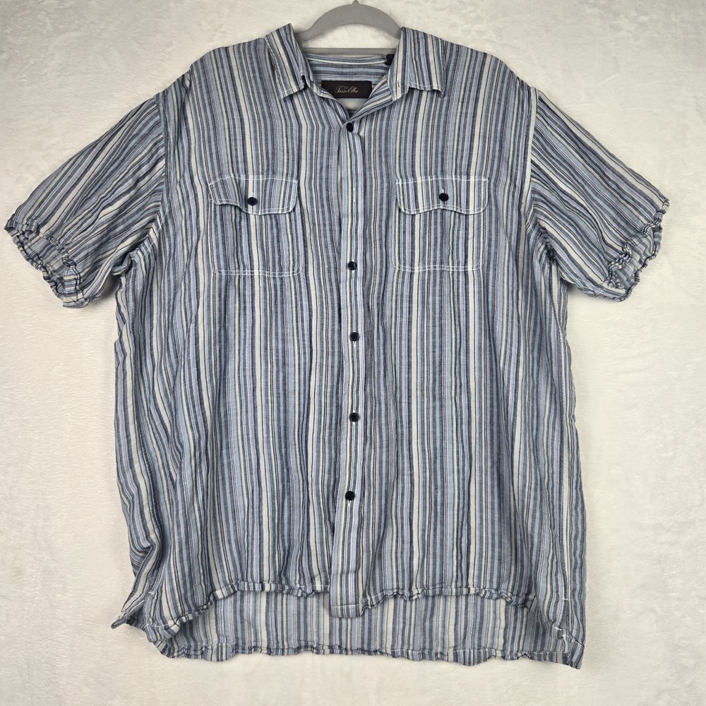 Tasso Elba Men's Blue Gray Striped Button Down Shirt Size Large‎ Short Sleeve